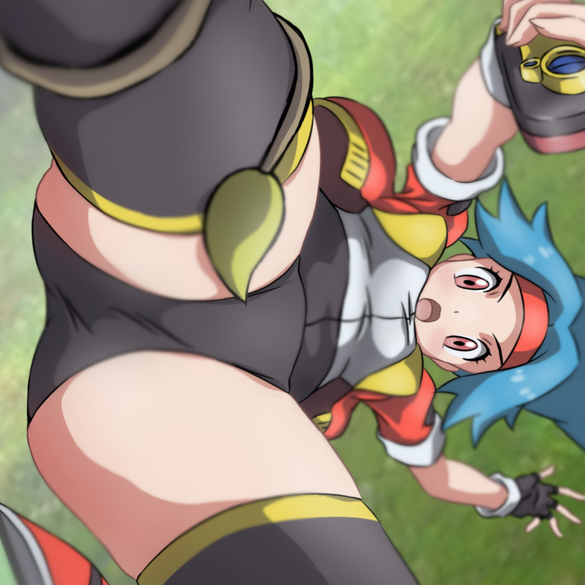 1girl :o alucard2014g black_gloves blue_hair blurry blurry_background bodysuit commentary_request day eyelashes fingerless_gloves gen_1_pokemon gloves grass grey_shirt headband highres holding jacket nintendo open_clothes open_jacket open_mouth outdoors plant pokemon pokemon_(creature) pokemon_ranger_(series) red_headband red_jacket shirt shoes short_sleeves solana_(pokemon) thighhighs upside-down victreebel vines