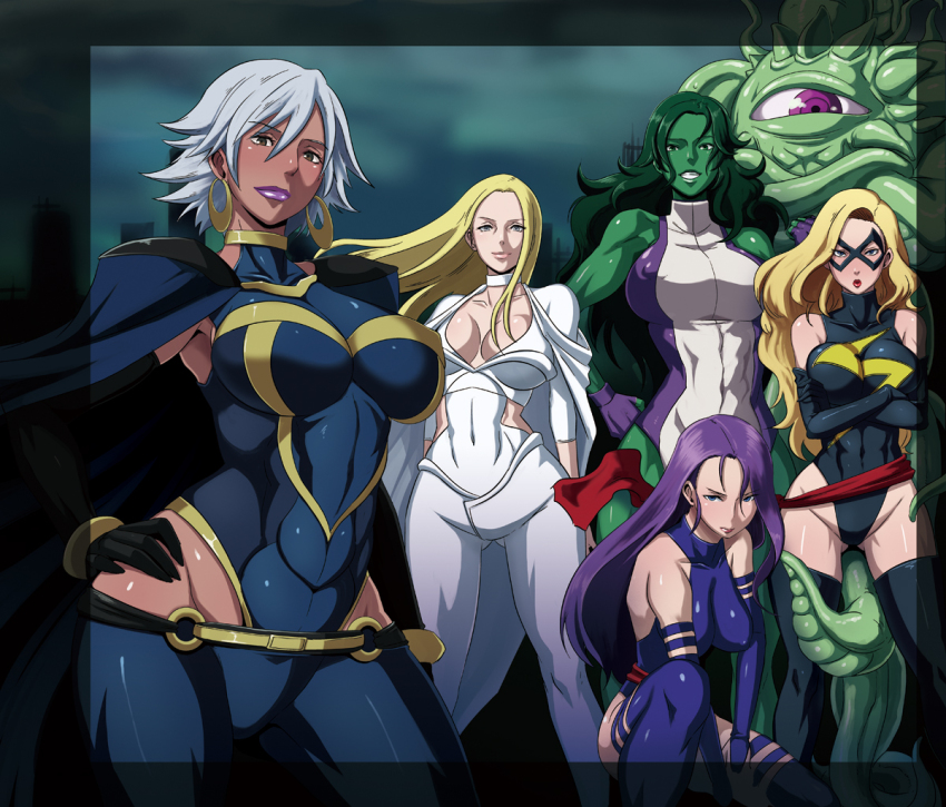 10s 5girls abs animification blonde_hair breasts butcha-u cape carol_danvers cleavage colored_skin covered_erect_nipples dark-skinned_female dark_skin domino_mask earrings emma_frost green_hair green_skin grey_hair hand_on_own_hip jennifer_walters jewelry large_breasts lipstick long_hair makeup marvel mask ms_marvel multiple_girls odd_one_out psylocke purple_hair sash she-hulk shuma_gorath smile storm_(x-men) tentacles thighhighs x-men x-men_(anime)