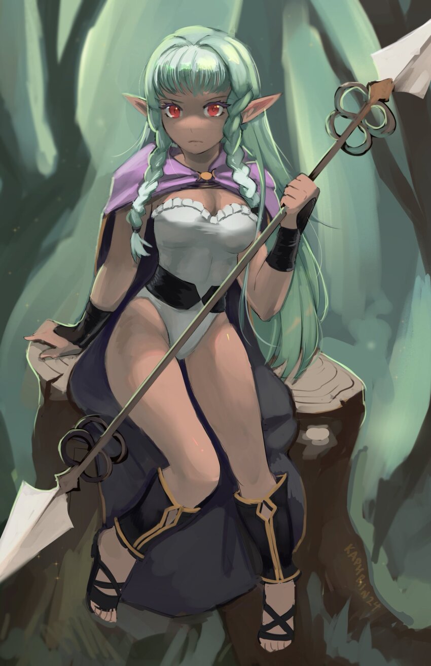 1girl breasts cape dark-skinned_female dark_skin elf green_hair highleg highleg_leotard highres kaphrin lance leotard long_hair medium_breasts pointy_ears polearm red_eyes rosalinde_(unicorn_overlord) sitting sleeveless unicorn_overlord weapon