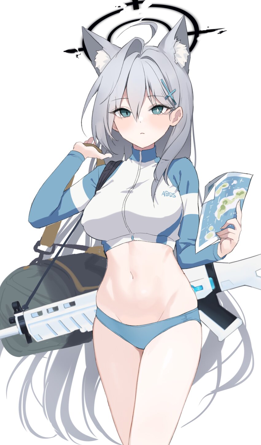 1girl absurdres ahoge animal_ear_fluff animal_ears assault_rifle bag bikini bikini_bottom_only blue_archive blue_bikini breasts closed_mouth cosplay covered_erect_nipples cowboy_shot crop_top cropped_jacket duffel_bag expressionless extra_ears fox_ears goyain green_eyes grey_hair gun hair_ornament hairclip halo hand_up highres holding holding_map jacket large_breasts long_hair long_sleeves looking_at_viewer map midriff mismatched_pupils navel no_headwear raglan_sleeves rifle saki_(blue_archive) saki_(blue_archive)_(cosplay) saki_(swimsuit)_(blue_archive) shiroko_(blue_archive) shiroko_terror_(blue_archive) sig_sauer_556 simple_background solo standing stomach swimsuit thighs very_long_hair weapon weapon_on_back white_background white_jacket