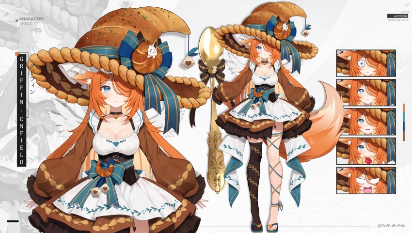 1girl @_@ animal_ear_fluff animal_ears black_corset black_thighhighs blank_eyes blue_bow blue_eyes blue_sandals bow breasts brown_choker brown_dress brown_hat choker closed_mouth collarbone corset croissant dress feathered_wings food food-themed_hat fox_ears fox_girl fox_tail frilled_dress frills griffin_enfield hair_over_one_eye hat heart highres indie_virtual_youtuber layered_dress mouth_hold multiple_expressions namishiron open_mouth orange_hair oversized_spoon sandals single_thighhigh tail thighhighs twitter_username virtual_youtuber white_dress white_wings wings