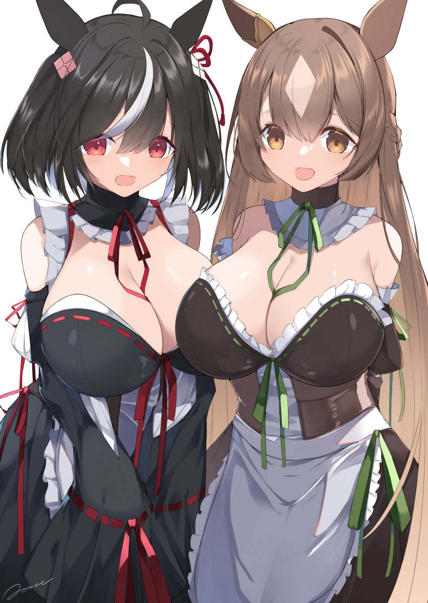 2girls :d absurdres alternate_breast_size alternate_costume animal_ears apron black_sleeves blue_kimono braid breasts brown_dress cleavage commentary cowboy_shot curvy detached_collar detached_sleeves double-parted_bangs dress embarrassed enmaided frilled_apron frills hair_between_eyes half_up_braid highres horse_ears huge_breasts jam_(jamjam777) japanese_clothes kimono kitasan_black_(umamusume) large_breasts long_hair looking_at_viewer maid multicolored_hair multiple_girls open_mouth ribbon-trimmed_sleeves ribbon_trim satono_diamond_(umamusume) simple_background sleeves_past_fingers sleeves_past_wrists smile strapless strapless_dress strapless_kimono streaked_hair umamusume very_long_hair wa_maid waist_apron white_apron white_background wide_sleeves