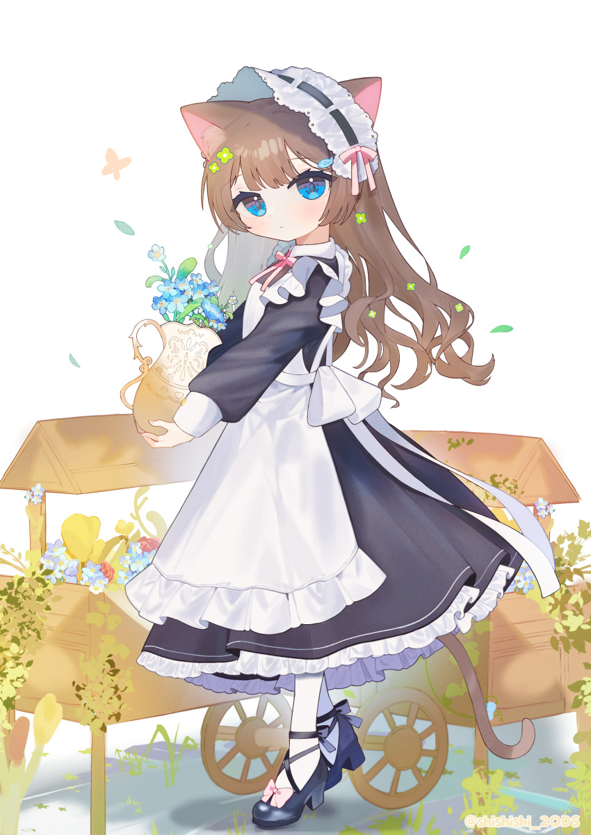 1girl absurdres animal_ears apron black_dress black_shoes blue_eyes blue_flower bow brown_hair cat_ears cat_girl cat_tail commentary dress flower footwear_bow from_side full_body high_heels highres holding_vase long_hair long_sleeves looking_at_viewer looking_to_the_side maid original shishiodoshi shoes solo standing symbol-only_commentary tail white_apron