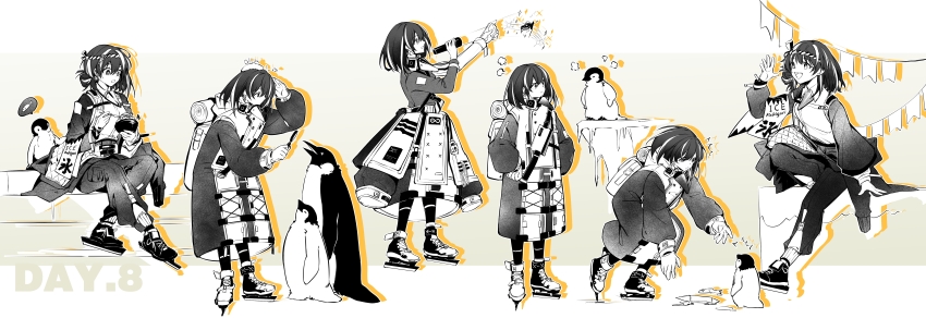 1girl :d :t ^^^ absurdres animal arknights backpack bag bird braid closed_mouth commentary_request elite_ii_(arknights) fish flashlight fy_fei_xiao_ya gloves hair_between_eyes hands_on_own_hips highres holding ice_skates jacket magallan_(arknights) magallan_(elite_ii)_(arknights) magallan_(shaved-ice_memories)_(arknights) monochrome multicolored_hair multiple_views official_alternate_costume open_mouth penguin pout puffy_pants rhine_lab_logo sitting skates smile spoken_food standing streaked_hair v-shaped_eyebrows