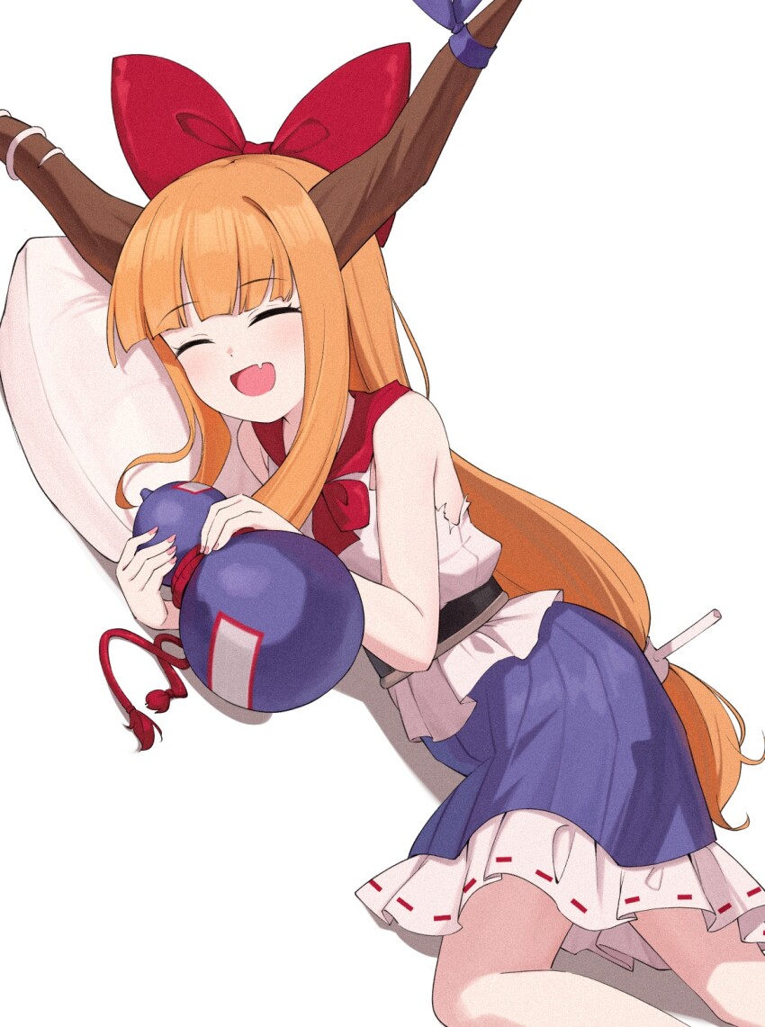 1girl :d bare_arms bare_shoulders blunt_bangs bow closed_eyes fang feet_out_of_frame gourd hair_bow happy head_on_pillow highres holding holding_gourd horns ibuki_suika light_blush long_hair low-tied_long_hair lying neckerchief oeyama on_side open_mouth orange_hair pillow purple_skirt red_bow red_neckerchief simple_background skin_fang skirt sleeping smile solo touhou very_long_hair white_background