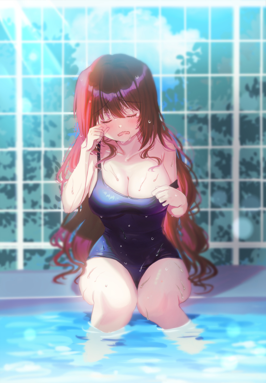 1girl a-chan_(little_busters!) absurdres armpit_crease bare_arms bare_shoulders blue_one-piece_swimsuit blush breasts brown_hair cleavage closed_eyes commentary_request covered_navel curvy day eyelashes facing_viewer feet_out_of_frame frown furrowed_brow hair_between_eyes hands_up highres knees_together_feet_apart kud_wafter large_breasts little_busters! long_hair miiizuno_lbs one-piece_swimsuit open_mouth outdoors poolside rubbing_eyes sad school_swimsuit sidelighting sidelocks sitting soaking_feet solo strap_slip sunlight swimsuit thighs very_long_hair wading water wavy_hair wavy_mouth wet wet_clothes wet_hair wet_swimsuit