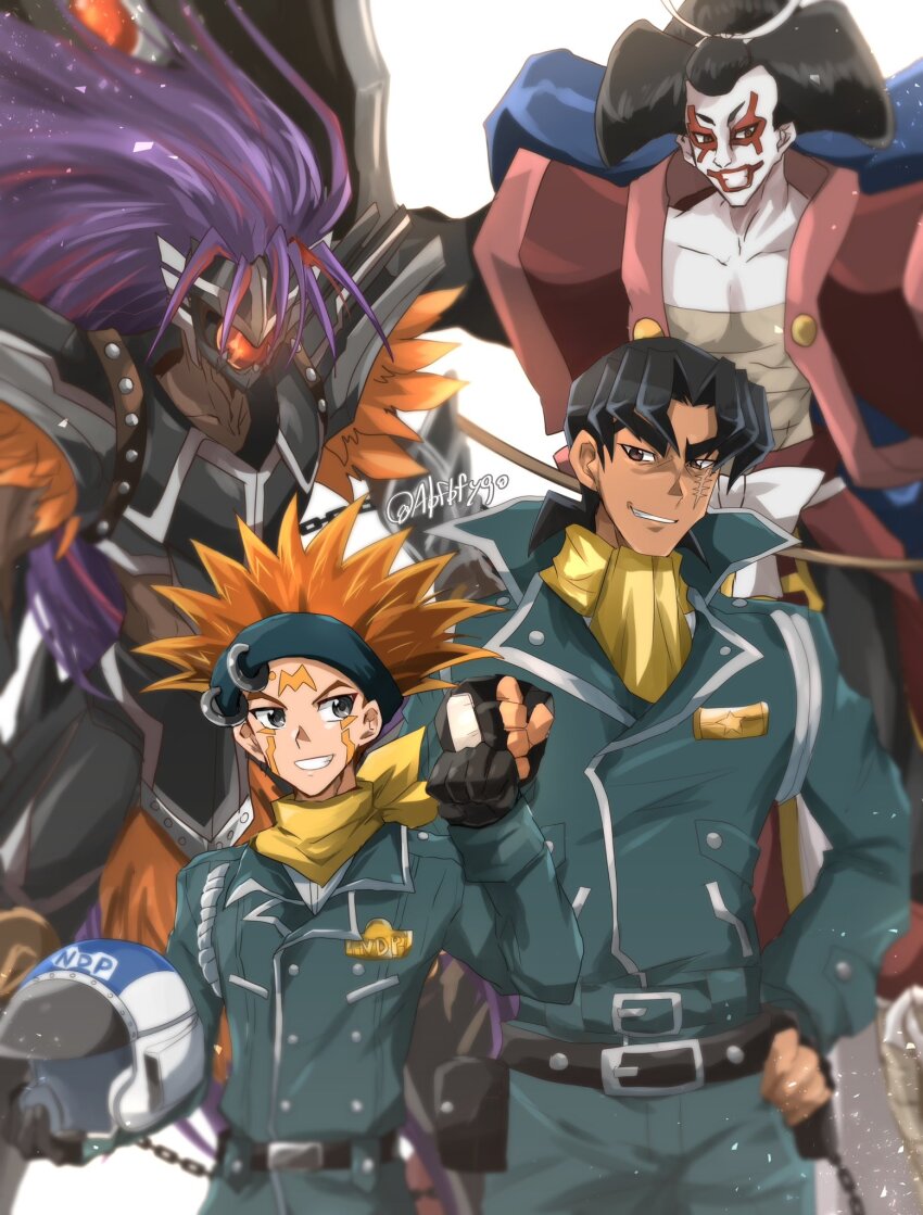4boys abfbfygo armor black_armor black_gloves black_hair blackwing_boreastorm_the_wicked_wind colored_skin crow_hogan dark-skinned_male dark_skin duel_monster facial_mark feathered_wings fingerless_gloves gloves goyo_guardian green_jacket hand_on_own_hip helmet highres holding holding_helmet jacket long_hair looking_at_another mask medium_hair multiple_boys orange_hair police police_uniform purple_hair scar scar_on_face smile spiked_hair twitter_username ushio_tetsu white_skin wings yu-gi-oh! yu-gi-oh!_5d&#039;s