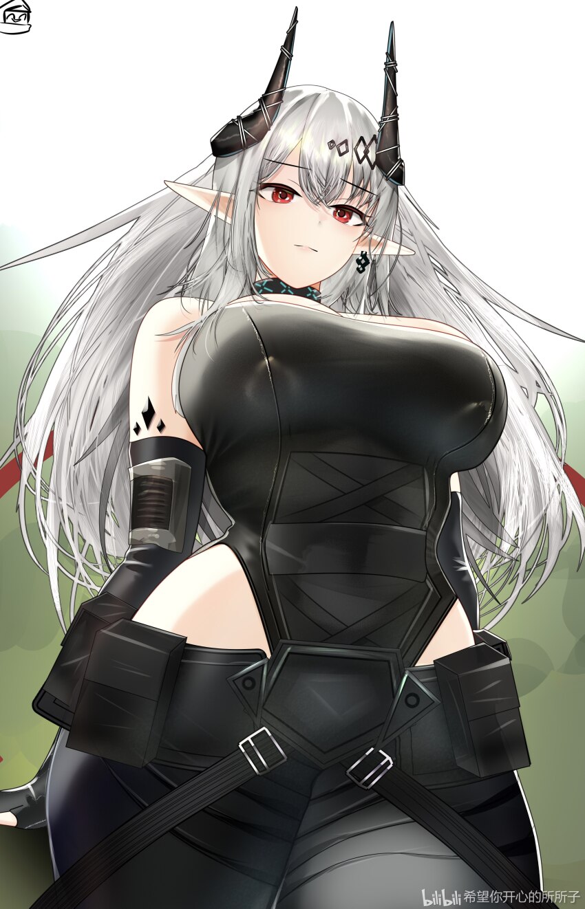 1girl absurdres arknights black_horns black_leotard black_pants breasts chinese_commentary closed_mouth commentary_request covered_navel cowboy_shot earrings from_below green_background highleg highleg_leotard highres horns infection_monitor_(arknights) jewelry large_breasts leotard long_hair looking_at_viewer material_growth mudrock_(arknights) mudrock_(rubble)_(arknights) official_alternate_costume oripathy_lesion_(arknights) pants partial_commentary pointy_ears red_eyes solo standing watermark white_background white_hair xiwang_ni_kaixin_de_suo_suo_zi