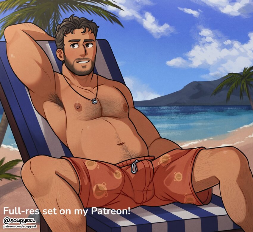 1boy armpit_hair bara beach beard belly brown_hair bulge coral_island dark-skinned_male dark_skin facial_hair feet_out_of_frame full_beard hairy male_focus male_swimwear mature_male muscular muscular_male navel navel_hair nipples orange_male_swimwear paid_reward_available pectorals rafael_(coral_island) short_hair sitting solo soupyeel sparse_arm_hair sparse_chest_hair sparse_leg_hair spread_legs stomach swim_trunks thick_eyebrows thick_navel_hair topless_male