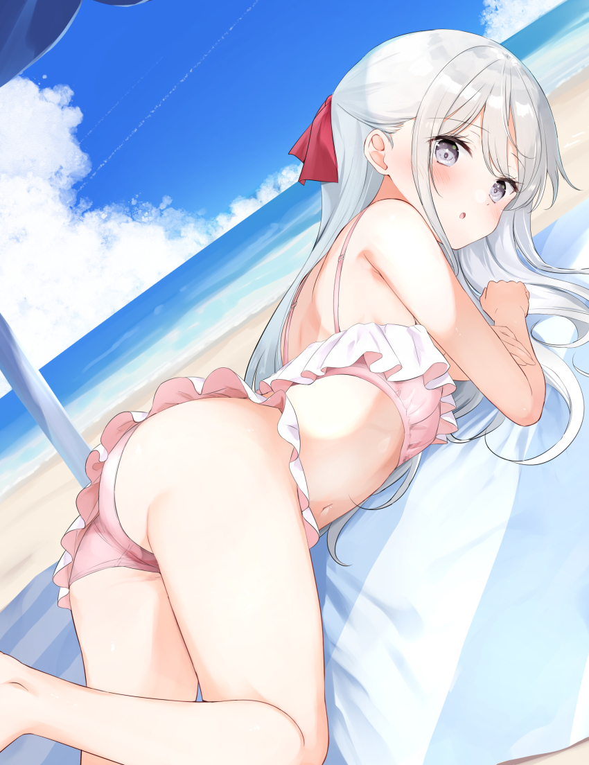 1girl :o absurdres ass beach bikini blush cloud commentary_request day feet_out_of_frame frilled_bikini frills grey_eyes grey_hair hair_ribbon hamaken._(novelize) highres long_hair looking_at_viewer lying ocean on_stomach open_mouth original outdoors pink_bikini red_ribbon ribbon solo swimsuit