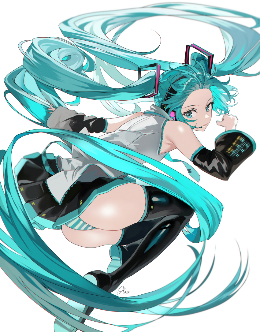 1girl absurdly_long_hair absurdres aqua_eyes aqua_hair aqua_panties artist_name ass bare_shoulders black_skirt black_sleeves blush boots detached_sleeves floating floating_hair grey_shirt hair_ornament hatsune_miku haze_(ohw8g) headphones highres long_hair looking_at_viewer miniskirt number-only_commentary panties pleated_skirt shirt simple_background skirt sleeveless sleeveless_shirt solo striped_clothes striped_panties thigh_boots thighs twintails underwear very_long_hair vocaloid white_background