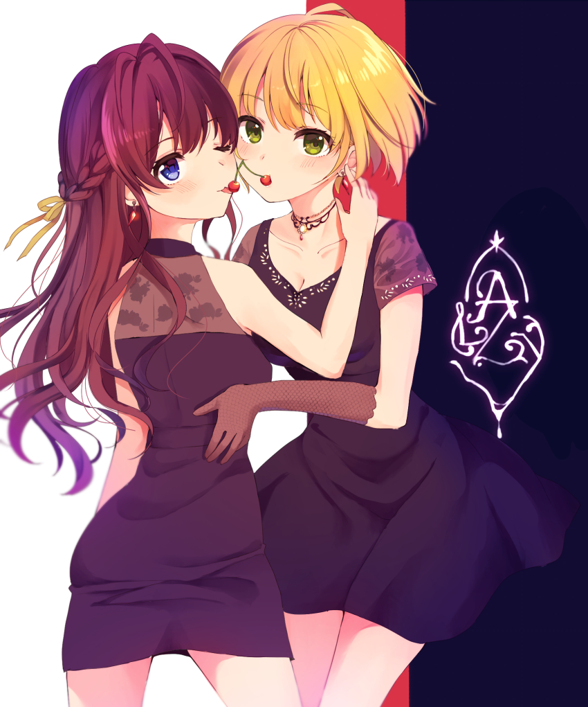 2girls bad_id bad_pixiv_id black_dress blonde_hair blue_eyes braid breasts brown_hair cherry cleavage collarbone cowboy_shot crazy_crazy_(idolmaster) dress elbow_gloves fishnet_gloves fishnets floating_hair food fruit gloves green_eyes hair_ribbon highres ichinose_shiki idolmaster idolmaster_cinderella_girls jewelry long_hair looking_at_viewer medium_breasts miyamoto_frederica multiple_girls necklace one_eye_closed ribbon short_dress short_hair sleeveless sleeveless_dress standing yellow_ribbon yuri yushima