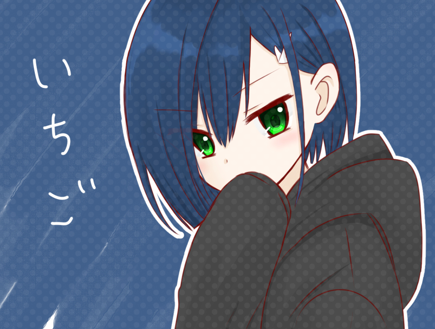 1girl black_hoodie blue_background blue_hair bob_cut casual character_name close-up commentary covering_own_mouth darling_in_the_franxx from_side green_eyes hair_between_eyes hair_ornament hairclip halftone halftone_background halftone hand_to_own_mouth hand_up hood hood_down hoodie ichigo_(darling_in_the_franxx) light_blush long_sleeves looking_at_viewer looking_to_the_side nekomura_yuyuko outline portrait red_outline short_hair sleeves_past_fingers sleeves_past_wrists solo swept_bangs translated upper_body v-shaped_eyebrows