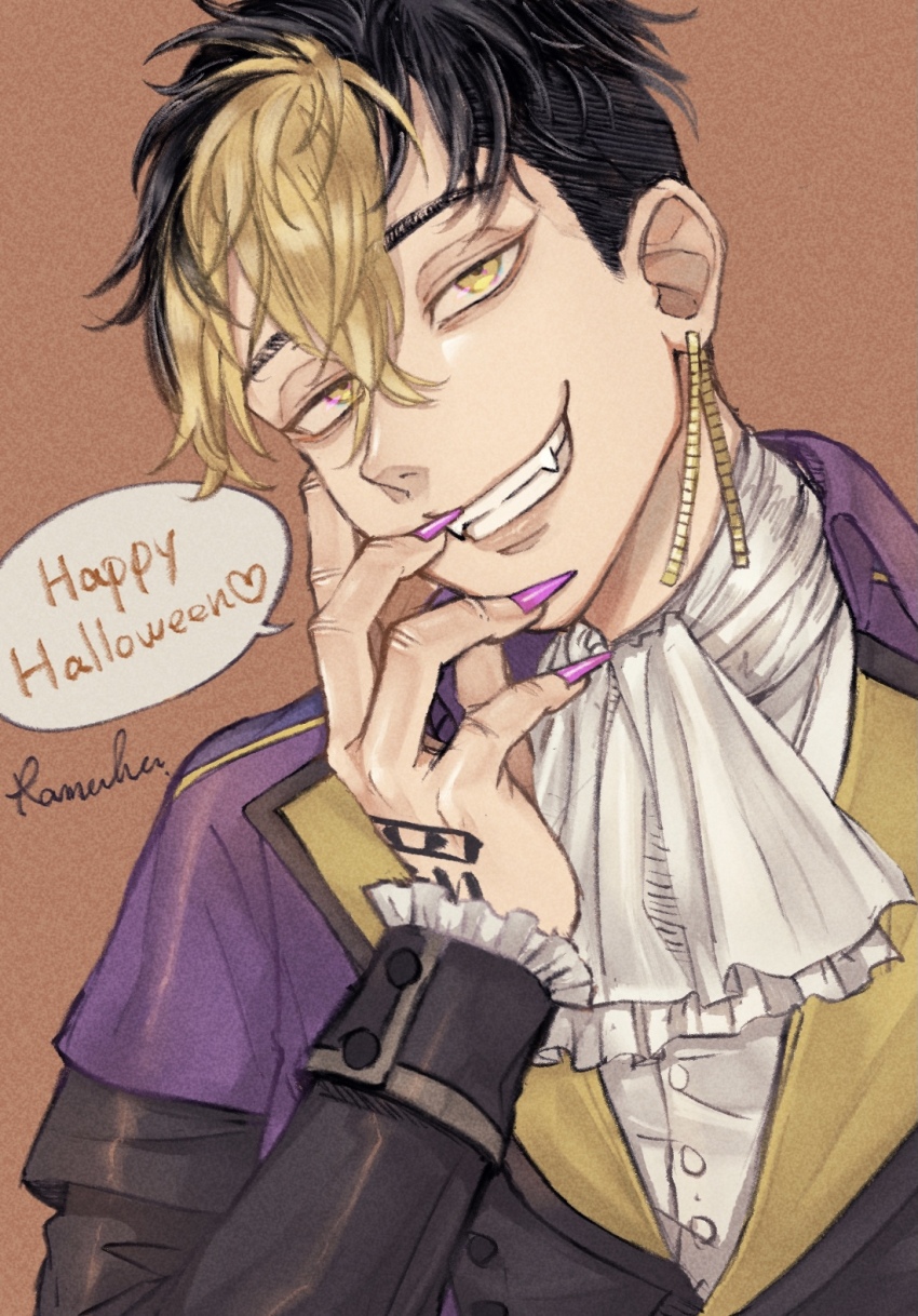 1boy arm_tattoo artist_name ascot black_hair black_jacket blonde_hair buttons capelet collared_capelet commentary_request earrings english_text fangs fingernails frilled_sleeves frills grin hair_between_eyes halloween_costume hand_on_own_face hand_up hanma_shuuji happy_halloween heart highres jacket jewelry lapels long_fingernails long_sleeves looking_at_viewer male_focus multicolored_hair nail_polish pink_nails purple_capelet ramfu sharp_fingernails shirt short_hair signature single_earring sleeve_cuffs smile solo speech_bubble tattoo teeth tokyo_revengers two-tone_hair undercut upper_body vampire_costume white_ascot white_shirt yellow_eyes