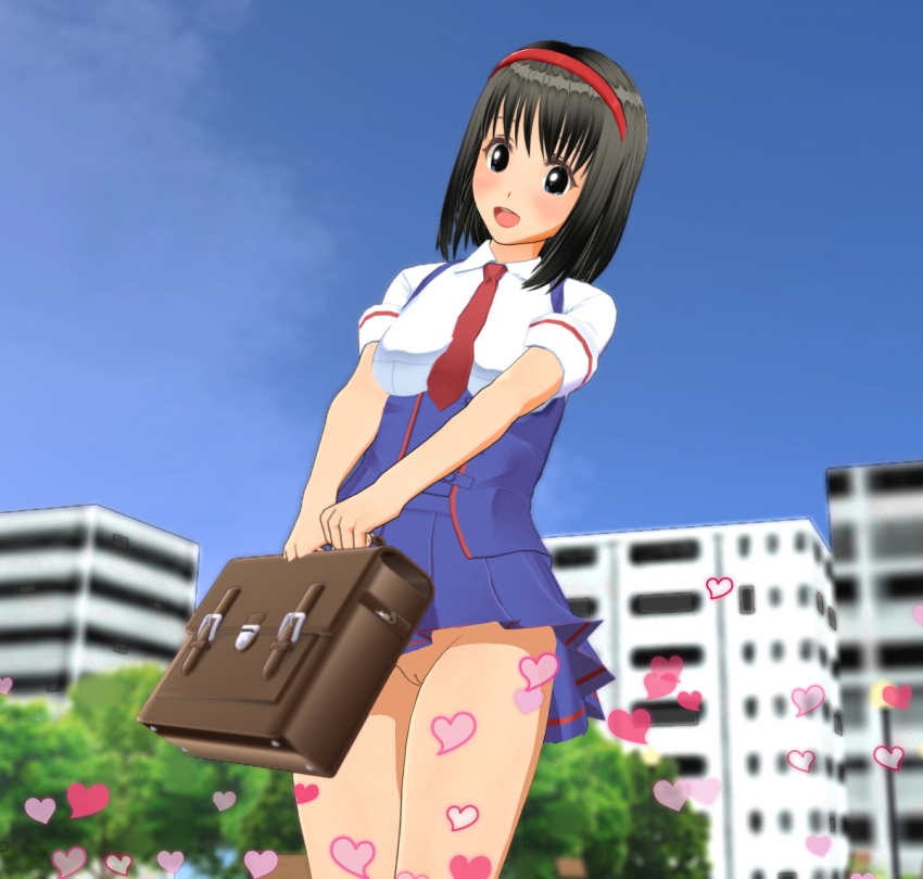 1girl 3d black_hair blue_dress blue_eyes blush breasts briefcase building classmate_daisuki cleft_of_venus cloud dress female_focus from_below hairband heart holding looking_at_viewer looking_down medium_breasts necktie no_panties open_mouth outdoors pussy red_necktie school_uniform shirt short_hair short_sleeves sky skyscraper sleeveless sleeveless_dress smile solo standing tree uncensored white_shirt wind wind_lift
