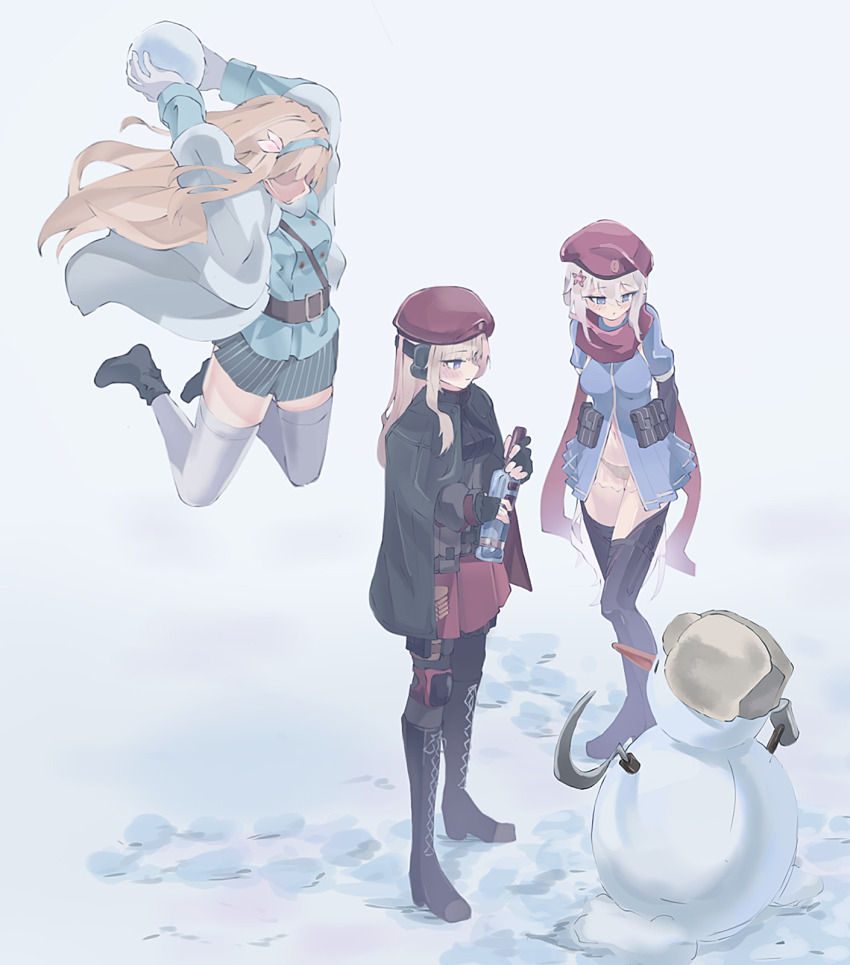 3girls 9a-91_(girls&#039;_frontline) ak74m_(girls&#039;_frontline) alcohol beret black_panties blue_hairband blue_jacket bottle egypt_snowball_dunk_(meme) finland front_slit girls&#039;_frontline hairband hammer_and_sickle hat highres historical_connection holding holding_bottle incoming_attack jacket meme multiple_girls oadooo72196 panties photo-referenced red_hat red_skirt see-through_clothes showgirl_skirt skirt snowball snowman striped_clothes striped_skirt suomi_(girls&#039;_frontline) thighhighs underwear vertical-striped_clothes vertical-striped_skirt vodka white_thighhighs
