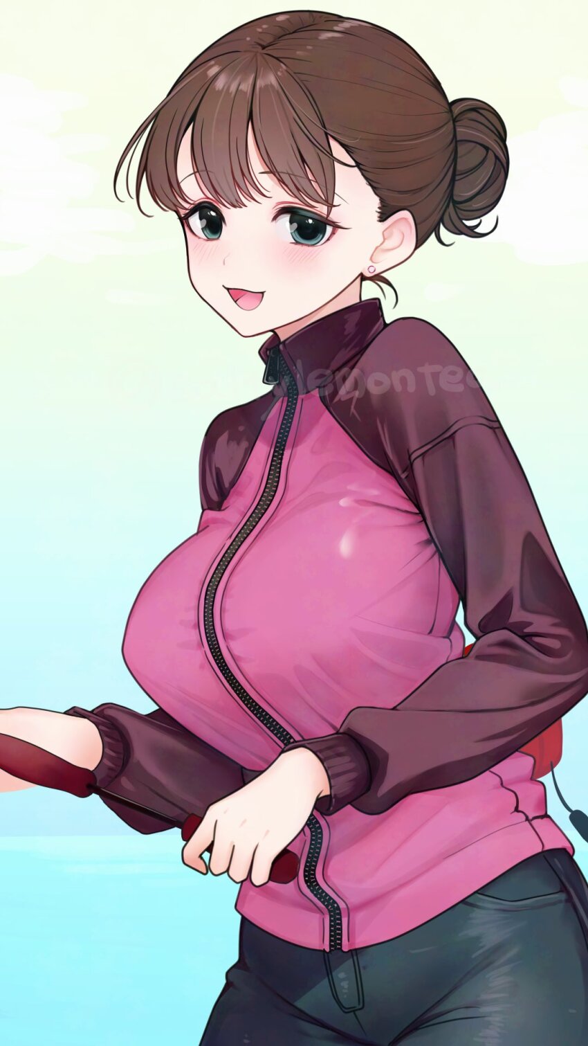 :3 aged_up artist_name black_eyes blush breasts brown_hair denim dot_nose earrings eyelashes fishing forehead gradient_background hair_bun highres idolmaster idolmaster_cinderella_girls idolmaster_cinderella_girls_starlight_stage jeans jewelry large_breasts lone_nape_hair long_sleeves looking_at_viewer open_mouth outdoors pants pink_track_suit saltylemontea single_hair_bun steam track_suit upper_body zipper