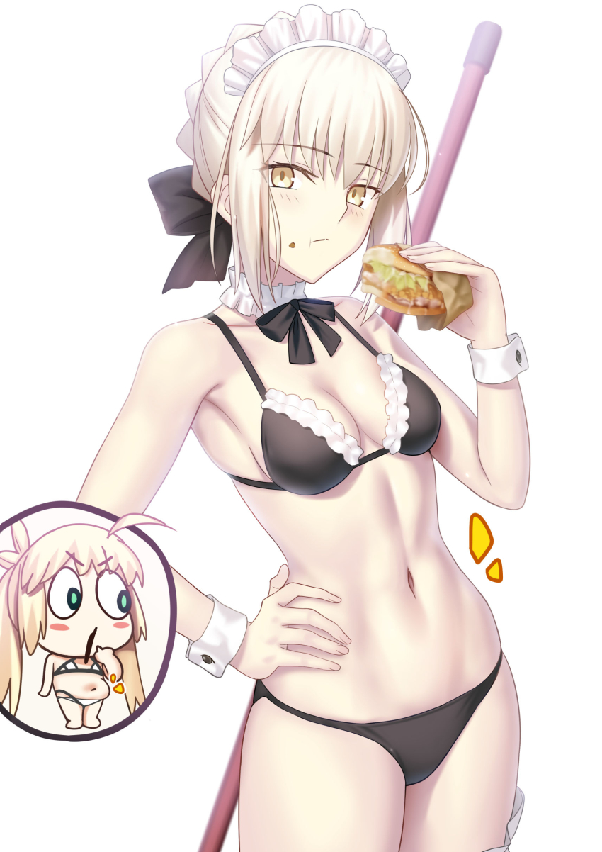 2girls absurdres artoria_caster_(fate) artoria_caster_(swimsuit_berserker)_(fate) artoria_caster_(swimsuit_berserker)_(first_ascension)_(fate) artoria_pendragon_alter_(swimsuit_rider)_(fate) artoria_pendragon_alter_(swimsuit_rider)_(second_ascension)_(fate) artoria_pendragon_(fate) besmiled bikini black_bikini blonde_hair braid breasts burger chibi choker commentary eating fate/grand_order fate_(series) food frilled_bikini frilled_choker frills highres looking_at_viewer maid maid_headdress mop multiple_girls navel ribbon short_hair small_breasts solo_focus swimsuit takeuchi_takashi_(style) weight_conscious yellow_eyes