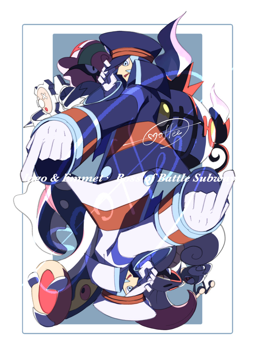 2boys absurdres accelgor black_coat black_hat border cccacademia chandelure character_name coat durant eelektross emmet_(pokemon) escavalier gen_5_pokemon gloves grey_eyes grey_hair hat highres ingo_(pokemon) klinklang long_sleeves looking_down male_focus mixed-language_commentary multiple_boys nintendo open_mouth pointing pokemon pokemon_(creature) pokemon_bw short_hair signature striped_coat white_border white_coat white_gloves