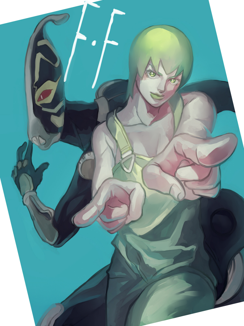 2girls bad_id bad_pixiv_id foo_fighters_(jojo) foo_fighters_(stand) green_eyes green_hair highres jojo_no_kimyou_na_bouken karita_(kali_lgk) multiple_girls overalls pointing short_hair stand_(jojo) stone_ocean