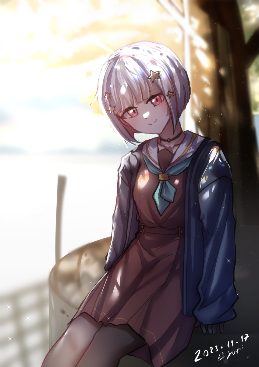 1girl absurdres dated hasu_no_sora_school_uniform highres link!_like!_love_live! long_sleeves looking_at_viewer love_live! medium_hair multicolored_hair outdoors over_flow99 pink_eyes solo two-tone_hair white_hair yugiri_tsuzuri