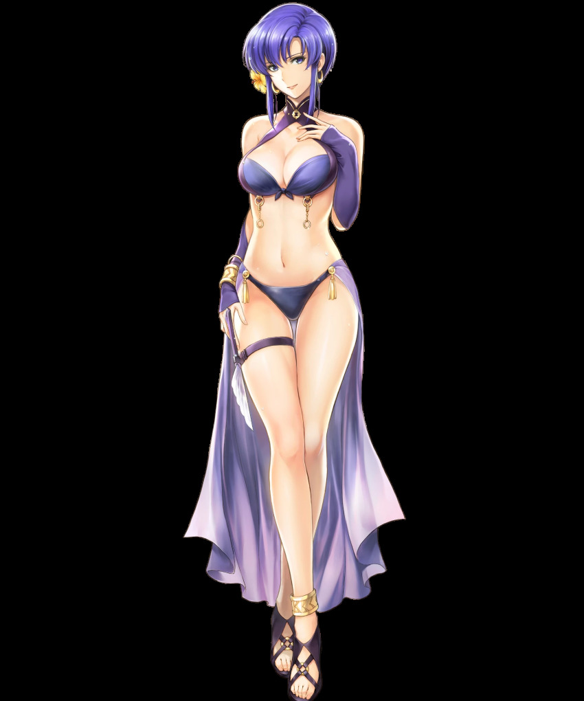 1girl anklet bare_shoulders bikini blue_eyes blue_hair bracelet breasts bridal_gauntlets cleavage closed_mouth earrings feet female_focus fire_emblem fire_emblem:_the_blazing_blade fire_emblem_heroes flower full_body hair_flower hair_ornament hand_on_own_chest hand_up hibiscus high_heel_sandals highres jewelry lips looking_at_viewer matching_hair/eyes medium_breasts navel nintendo official_art sandals short_hair sidelocks smile solo standing swimsuit thigh_strap toes transparent_background ursula_(fire_emblem) ursula_(summer)_(fire_emblem) yamada_koutarou