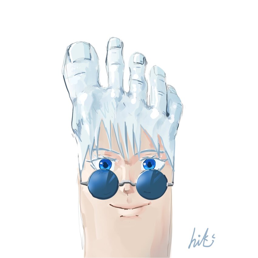 1boy anatomical_nonsense artist_name blue_eyes closed_mouth commentary english_commentary english_text eyelashes feet foot_focus gojou_satoru highres hikimango jujutsu_kaisen looking_at_viewer male_focus nose round_eyewear signature smile solo toenails toes what white_background white_hair wispy_bangs