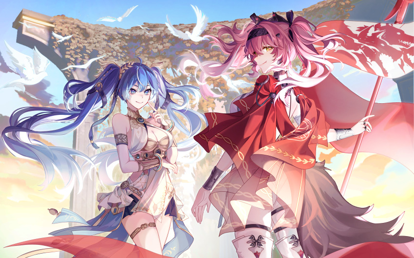 2girls absurdres bird blue_eyes blue_hair bodysuit boots closed_mouth commentary dress floating_hair from_behind fuzijo gold_armlet highres holding iuno_(wuthering_waves) long_hair looking_at_viewer looking_back lupa_(wuthering_waves) multiple_girls outdoors pink_hair smile standing tail thigh_boots thigh_strap twintails white_bird white_bodysuit white_boots white_dress wolf_tail wuthering_waves yellow_eyes