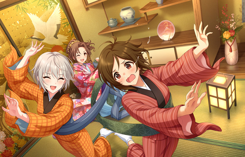 3girls @_@ anastasia_(idolmaster) bird brown_hair cabinet closed_eyes domyoji_karin flower forehead game_cg grey_hair idolmaster idolmaster_cinderella_girls idolmaster_cinderella_girls_starlight_stage japanese_clothes kawashima_mizuki kimono lantern multiple_girls official_art one_eye_closed open_mouth orange_kimono plant ponytail potted_plant red_eyes red_kimono sliding_doors tatami tears