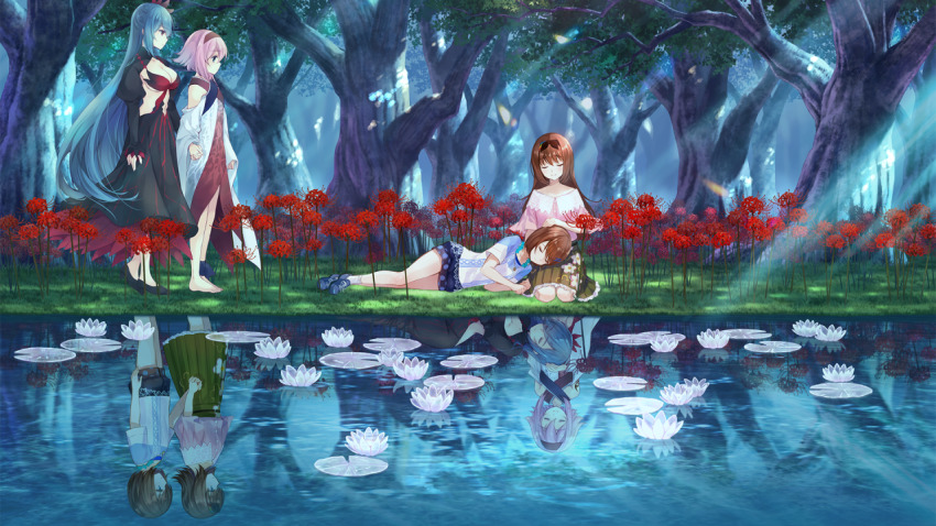 4girls black_dress black_shrug blue_eyes blue_hair blue_shirt bob_cut breasts brown_hair cleavage closed_eyes closed_mouth dappled_sunlight different_reflection dress floral_print floral_print_skirt flower game_cg green_skirt juliet_sleeves lap_pillow large_breasts long_dress long_hair long_sleeves looking_at_another lotus lying majo_(yumeutsutsu) medium_skirt multiple_girls nie_(yumeutsutsu) non-web_source official_art on_side one_side_up otori_ai outdoors pink_hair pleated_skirt pond print_skirt profile puffy_sleeves red_dress reflection revealing_clothes shirt short_hair shrug_(clothing) siblings sisters sitting skirt smile spider_lily split_mouth spoilers standing sunlight u_u very_long_hair white_dress yanagiya_kokoro yumeutsutsu_re:master