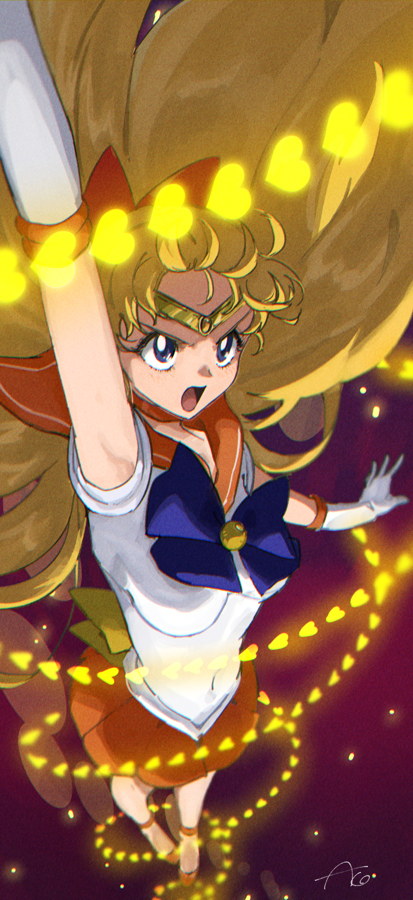 1girl absurdres aino_minako ako_(hoshiya_830) arm_up back_bow bishoujo_senshi_sailor_moon blonde_hair blue_bow blue_bowtie bow bowtie breasts circlet commentary covered_navel elbow_gloves gloves hair_bow highres inner_senshi long_hair magical_girl open_mouth orange_bow orange_sailor_collar orange_skirt sailor_collar sailor_senshi_uniform sailor_shirt sailor_venus shirt signature skirt solo venus_love_me_chain white_gloves