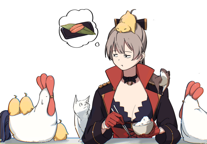 1girl ahoge animal animal_on_head animal_on_shoulder azur_lane baby_animal bird bird_on_head bird_on_shoulder black_choker black_jacket bowl breasts brown_hair cat chick choker chopsticks cleavage closed_mouth food gloves gold_trim hair_between_eyes half_gloves hatski.sin high_collar high_ponytail highres holding holding_chopsticks jacket jean_bart_(azur_lane) long_hair long_sleeves manjuu_(azur_lane) o-ring o-ring_choker on_head ponytail red_gloves rice rice_bowl simple_background sleeve_cuffs small_breasts speech_bubble sweatdrop thought_bubble upper_body white_background