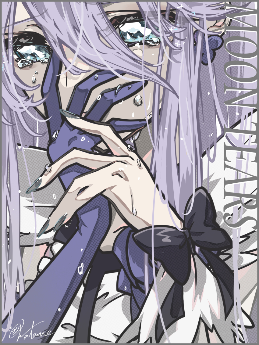 1girl absurdres aqua_eyes artist_name black_bow bow covering_own_mouth crying crying_with_eyes_open cure_moonlight dress earrings english_text gloves hair_between_eyes half-siblings heartcatch_precure! highres jewelry long_hair looking_at_viewer precure purple_gloves purple_hair sad signature single_glove sleeveless sleeveless_dress solo tearing_up tears tsukikage_yuri wakuno_lemon wet wet_hair