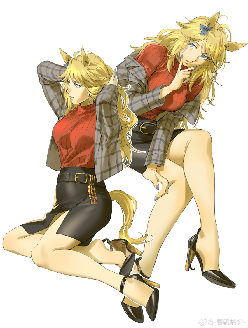 1girl absurdres adjusting_hair ahoge animal_ears ankle-strap_heels arms_up belt black_belt black_shoes black_skirt blue_bow blue_eyes blue_nails bow breasts casual chain commentary_request crossed_legs ear_bow full_body gold_chain gold_city_(umamusume) grey_jacket high_heels highres horse_ears horse_girl horse_tail jacket jacket_partially_removed long_hair long_sleeves medium_breasts multiple_views nail_polish official_alternate_costume open_clothes open_jacket parted_lips pencil_skirt plaid_clothes plaid_jacket red_sweater removing_shoes ruukii_drift shoe_dangle shoes simple_background sitting skirt soles sweater tail umamusume v watermark weibo_watermark white_background yokozuwari