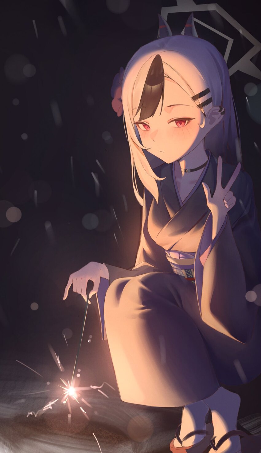 1girl black_choker black_kimono blue_archive blush choker closed_mouth demon_girl demon_horns flower ggwak_(kimibear22) hair_flower hair_ornament highres holding holding_fireworks horns japanese_clothes kayoko_(blue_archive) kayoko_(new_year)_(blue_archive) kimono looking_at_viewer multicolored_hair obi purple_flower purple_sash red_eyes sandals sash sidelocks socks squatting w white_socks