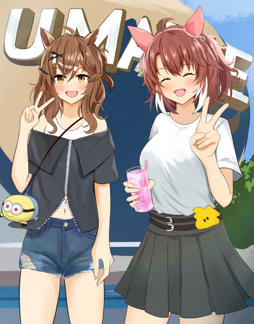 2girls :d ^_^ absurdres ahoge alternate_costume animal_ears black_skirt brand_name_imitation breasts brown_eyes brown_hair closed_eyes cowboy_shot cup dantsu_flame_(umamusume) denim denim_shorts despicable_me drinking_straw ear_covers hair_ornament hairband hairclip highres holding holding_cup horse_ears horse_girl jungle_pocket_(umamusume) large_breasts looking_at_viewer midriff minion_(despicable_me) multiple_girls notched_ear open_mouth pink_hairband pleated_skirt shirt short_hair shorts skirt sky_wing12 smile t-shirt umamusume universal_studios v white_shirt