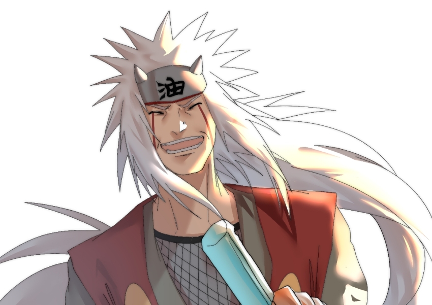 1boy closed_eyes cokiebeard facial_mark facing_viewer food forehead_protector holding holding_food holding_popsicle jiraiya_(naruto) long_hair male_focus naruto_(classic) naruto_(series) open_mouth popsicle solo teeth upper_body very_long_hair white_background white_hair