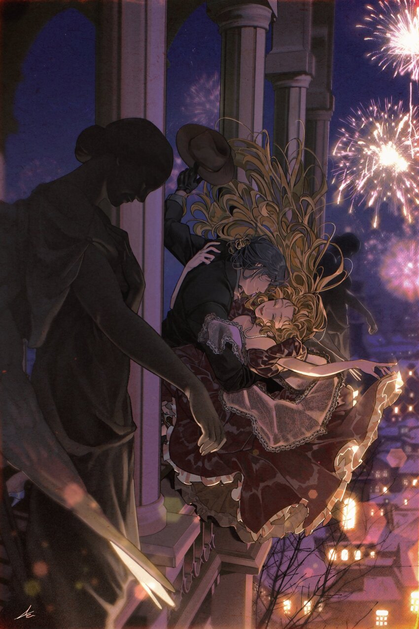 2girls absurdres aerial_fireworks arm_around_waist arm_up bare_shoulders black_eyes black_gloves black_hair black_jacket blonde_hair blurry bokeh brown_dress brown_hat building city closed_eyes column commentary depth_of_field dress english_commentary fireworks gloves hair_ornament hand_on_another&#039;s_back hat high_heels highres holding holding_unworn_clothes holding_unworn_hat jacket jewelry lace_trim long_hair long_sleeves looking_at_another multiple_girls necklace night off-shoulder_dress off_shoulder open_mouth original outdoors outstretched_arm parted_lips pearl_necklace pillar puffy_short_sleeves puffy_sleeves see-through_clothes see-through_shawl shawl shoes short_sleeves signature smile statue teeth toktin_zq tree unworn_hat unworn_headwear white_shoes yuri