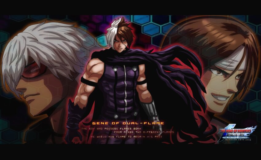 black_cloak black_hair cloak closed_mouth facial_scar gloves highres k&#039;_(kof) kusanagi_kyou looking_at_viewer male_focus metal_gloves multicolored_hair multiple_boys muscular muscular_male nameless_(kof) raydash30 scar scar_across_eye scar_on_cheek scar_on_face short_hair smile snk split-color_hair the_king_of_fighters the_king_of_fighters_2002 two-tone_hair white_hair
