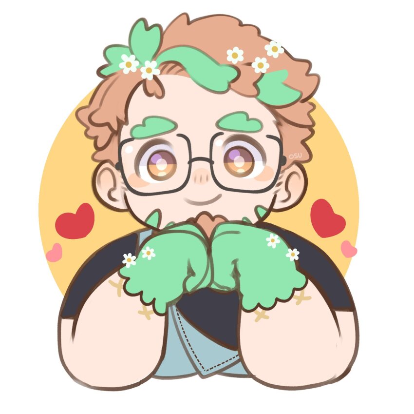 1boy bara chibi cropped_torso facial_hair fat fat_man flower glasses goatee green_hair hair_flower hair_ornament heart highres hippolytus_(housamo) light_blush light_brown_hair looking_at_viewer male_focus multicolored_hair open_overalls osu_(osumankokuou) shirt short_hair sideburns_stubble smile straight-on streaked_hair stubble thick_eyebrows tokyo_houkago_summoners two-tone_background two-tone_beard upper_body