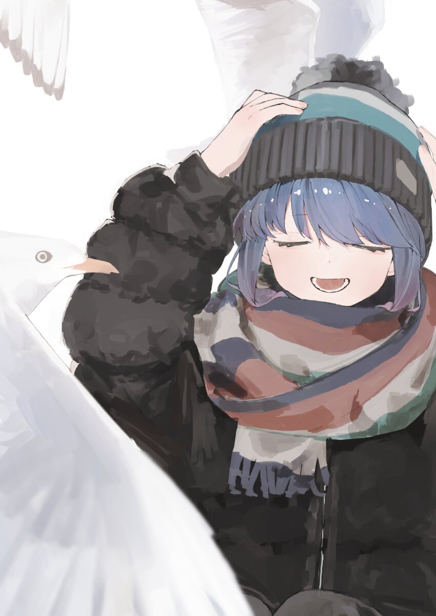 1girl absurdres animal beanie bird black_coat blue_hair closed_eyes coat facing_viewer hair_between_eyes hand_on_own_head hat highres holding long_hair long_sleeves maegami_(daisuki_oekaki1) multicolored_scarf multiple_girls open_mouth outdoors pelican scarf shima_rin short_hair simple_background smile solo teeth upper_body white_background winter_clothes yurucamp