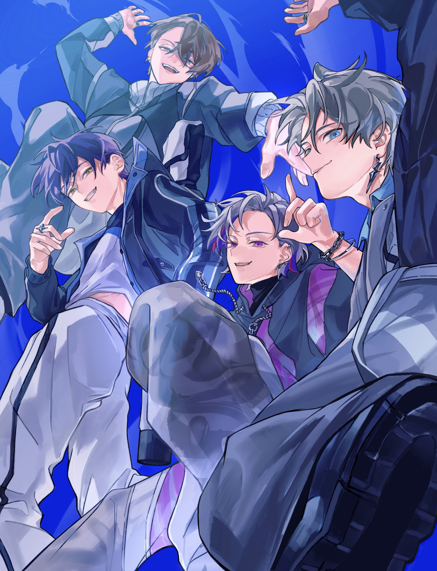 4boys absurdres black_hair brown_eyes brown_hair closed_mouth ear_piercing earrings fuwa_minato green_eyes grey_eyes grey_hair grey_pants grin highres jacket jewelry kagami_hayato kaida_haru kenmochi_touya long_sleeves looking_at_viewer male_focus multicolored_hair multiple_boys nijisanji open_clothes open_jacket open_mouth pants piercing purple_eyes purple_hair ring rof-mao shoes smile sumi_(n29250) teeth upper_teeth_only virtual_youtuber