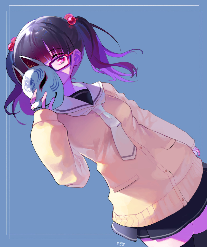 1girl a.i._voice arm_at_side black_hair black_skirt black_thighhighs blue_background blunt_bangs breasts cardigan covering_own_mouth cowboy_shot dutch_angle fox_mask glasses gradient_hair hair_bobbles hair_ornament hand_up highres holding holding_mask legs_together looking_at_viewer marutsubo mask mask_over_one_eye medium_breasts miniskirt multicolored_hair necktie one_eye_covered onikko_hunter_tsuina-chan outside_border purple_hair red_eyes sailor_collar sidelighting signature simple_background skirt solo takatoo_saki thighhighs twintails white_necktie white_sailor_collar yellow_cardigan zettai_ryouiki