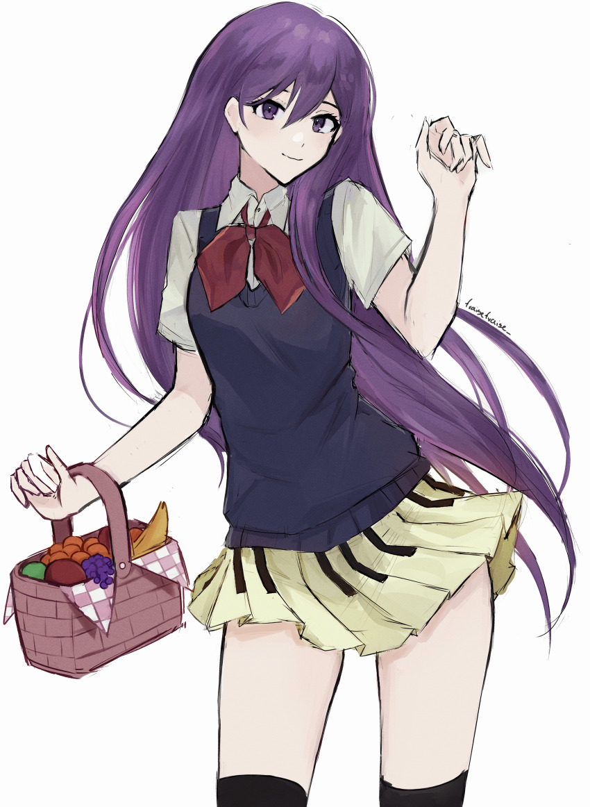 1girl absurdres artist_name basket black_sweater_vest bow bowtie closed_mouth collared_shirt commentary cowboy_shot english_commentary fraisefraise hair_between_eyes hands_up highres holding holding_basket holding_picnic_basket long_hair looking_at_viewer mari_(omori) miniskirt omori piano_print picnic_basket pleated_skirt print_skirt purple_eyes purple_hair red_bow red_bowtie school_uniform shirt short_sleeves simple_background skirt smile solo standing sweater_vest white_background white_shirt
