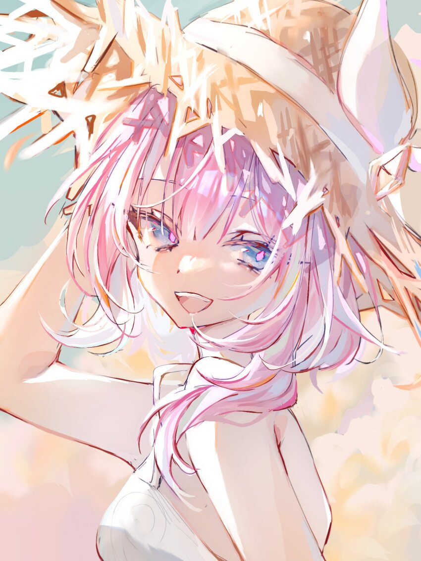1girl blue_eyes breasts cyrene_(honkai:_star_rail) dress hand_on_headwear hashtag-only_commentary hat highres honkai:_star_rail honkai_(series) looking_at_viewer mtrk_09 open_mouth pink_hair pink_pupils short_hair small_breasts smile solo straw_hat teeth upper_body upper_teeth_only white_dress