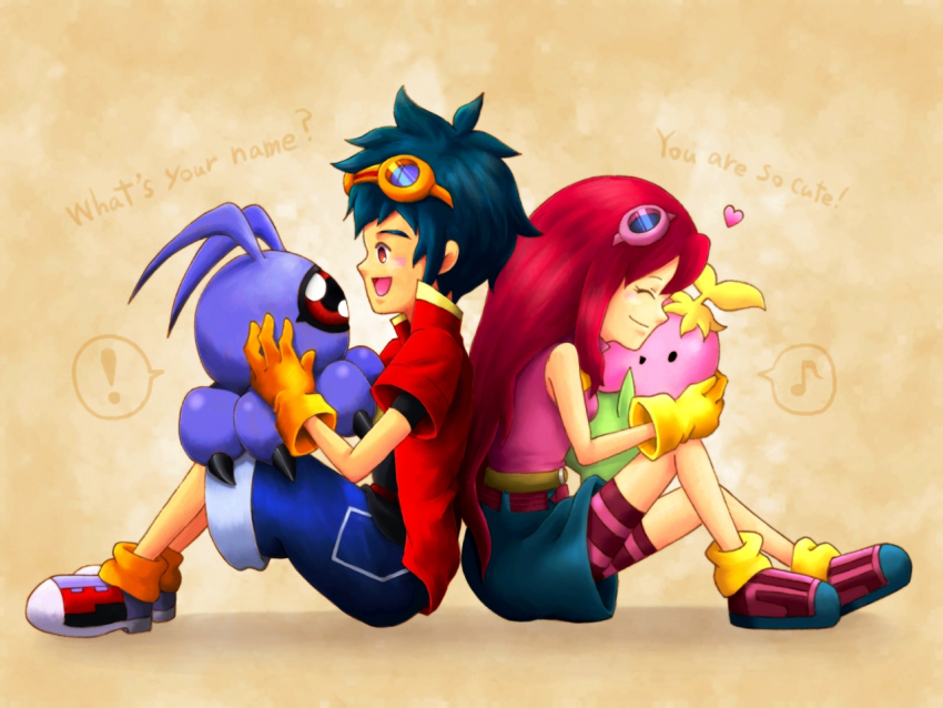 1boy 1girl digimon hug kizuna_(digimon) lalamon looking_at_another plant red_eyes shu_(digimon) tsumemon