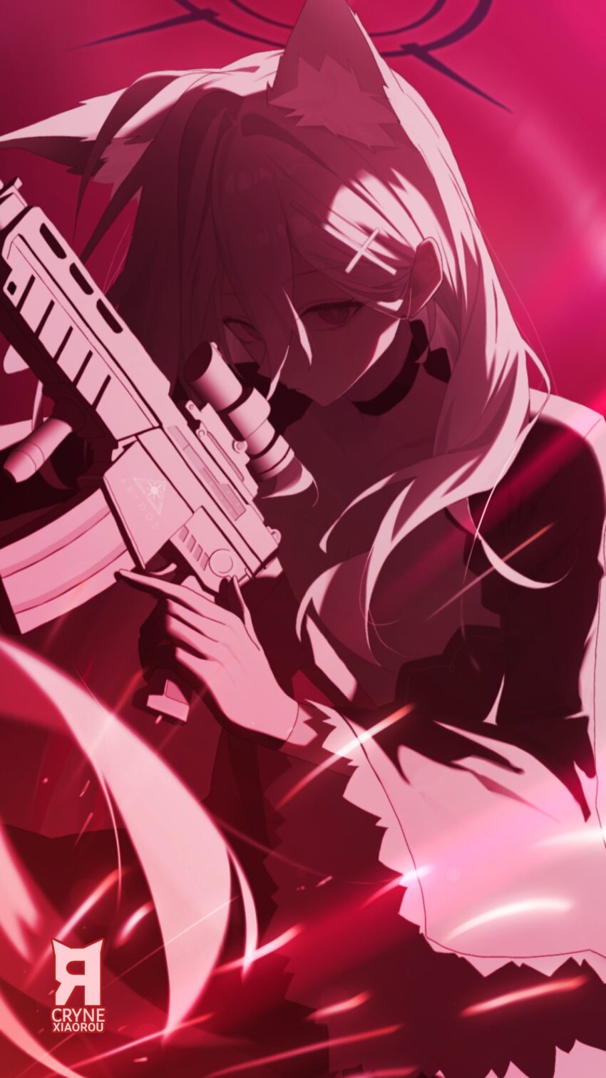 1girl animal_ear_fluff animal_ears artist_logo assault_rifle black_choker black_dress black_gloves blue_archive breasts bright_pupils choker cleavage closed_mouth commentary_request cryne dress gloves gun hair_between_eyes halo highres holding holding_gun holding_weapon large_breasts logo long_hair long_sleeves looking_at_viewer red_theme rifle serious shiroko_(blue_archive) shiroko_terror_(blue_archive) sig_sauer sig_sauer_556 solo very_long_hair weapon white_hair white_pupils wide_sleeves wolf_ears wolf_girl