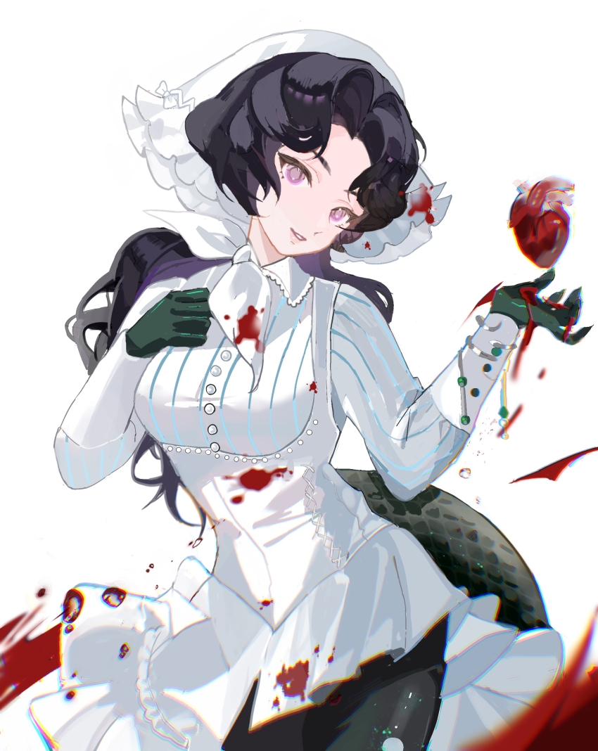 1girl absurdres anjo_nala black_hair black_skirt blood blood_on_clothes blood_on_hands blood_on_hat coif corset cowboy_shot fulu_bu_xunqiao gloves green_gloves green_tail hand_on_own_chest hands_up hat head_tilt heart_(organ) highres lizard_tail long_hair long_sleeves looking_at_viewer neckerchief parted_lips pinstripe_pattern pinstripe_shirt purple_eyes reverse:1999 shirt skirt solo striped_clothes striped_shirt tail vertical-striped_clothes vertical-striped_shirt white_background white_corset white_hat white_neckerchief white_shirt