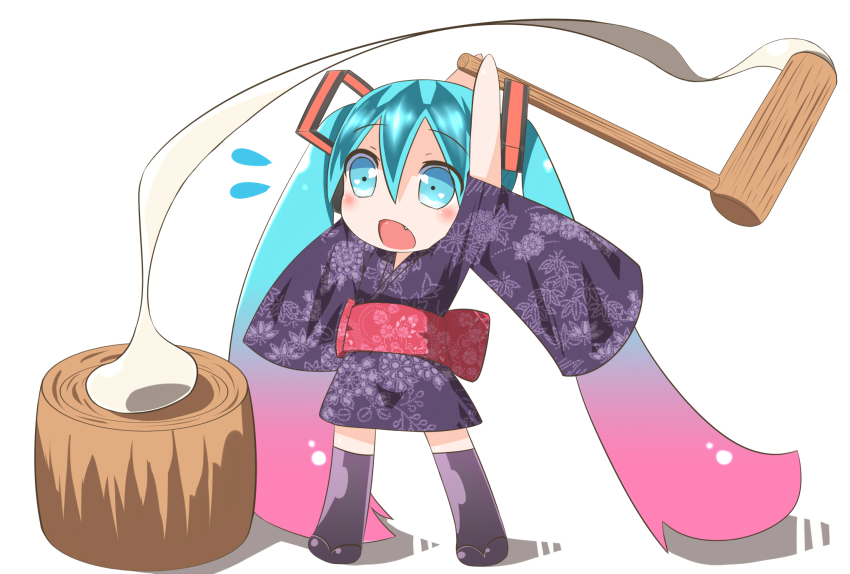1girl bad_id bad_pixiv_id chibi colorized female_focus food gradient_hair hatsune_miku highres japanese_clothes kine long_hair mallet mochi mochitsuki multicolored_hair pokachu solo twintails very_long_hair vocaloid wagashi