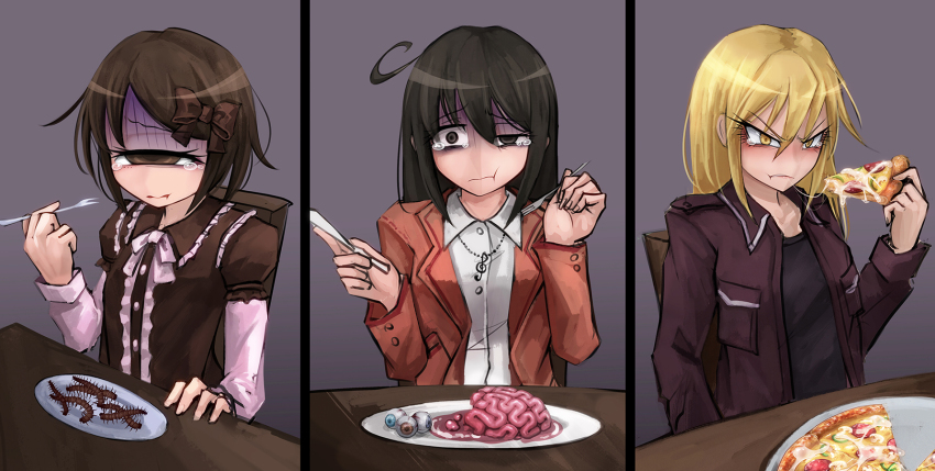 &gt;:( 3girls :t bad_food black_hair blonde_hair blush bow brain brown_bow brown_eyes brown_hair bug centipede closed_mouth cum cum_on_food cum_string cyclops disgust eating food fork frown gokkun grey_background hair_between_eyes hair_bow half-closed_eye highres hitomebore holding holding_fork holding_knife knife long_hair looking_at_viewer multiple_girls one-eyed pizza plate ray-k sadokawa_rui shaded_face short_hair simple_background smile tears tsunemi_akemi turn_pale uneven_eyes usui_sachi v-shaped_eyebrows yellow_eyes